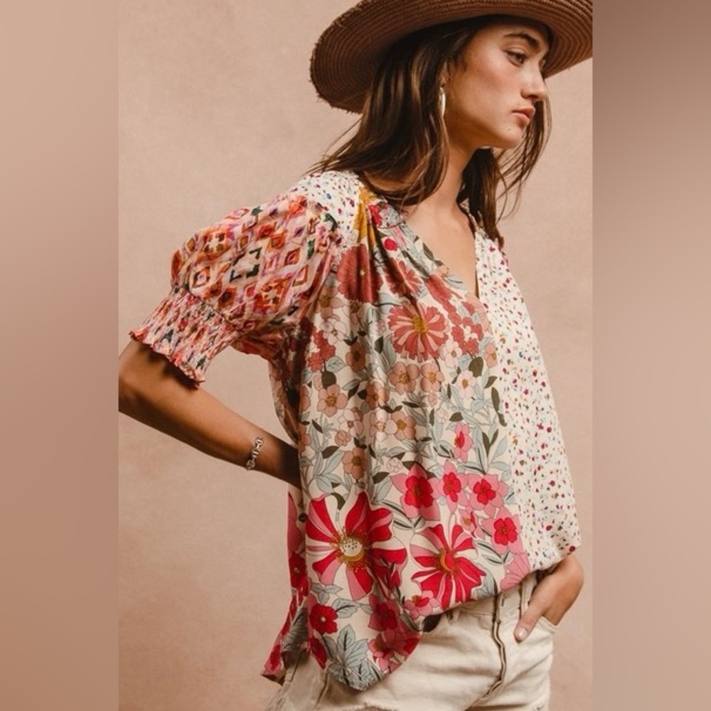 Floral Patchwork Boho Peasant Top | Smocked Sleeve Woven Blouse - Picture 1 of 9